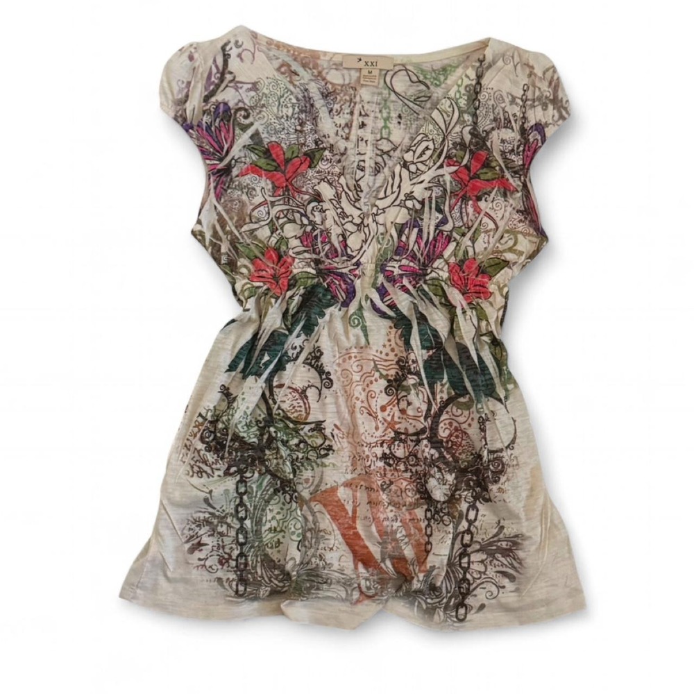XXI Forever 21 Y2K Empire Waist Tunic Top Floral Butterfly Graphic Print Medium
